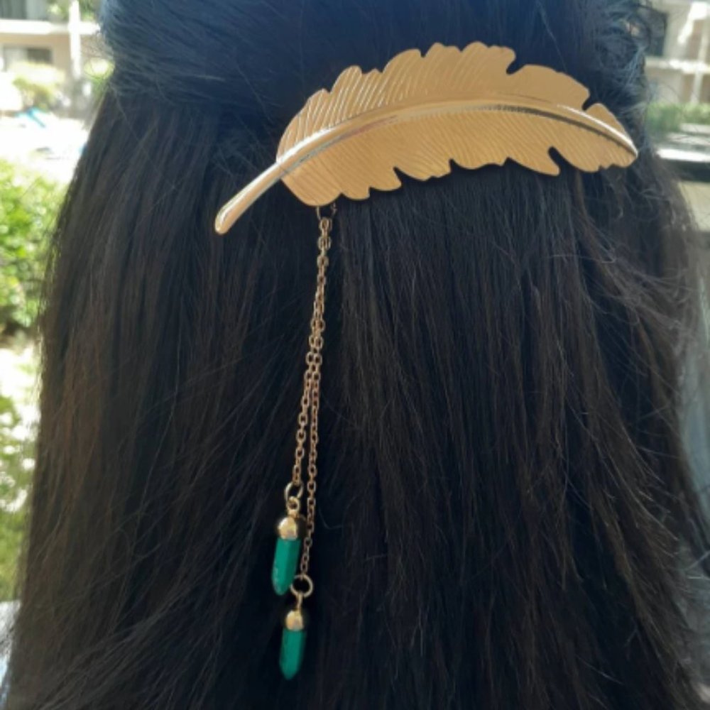 Gold feather hair clip with 2 turquoise stones